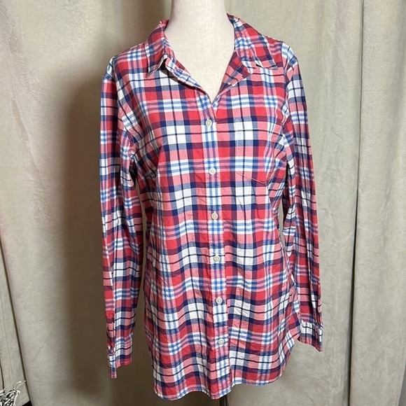 LL Bean Red, Blue, and White Plaid Button Down - Picture 1 of 5